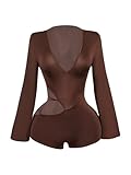 Milumia Women's Sexy Deep V Neck Long Sleeve Romper Criss Cross Backless Bodycon Jumpsuit Shorts Clubwear Brown X-Small