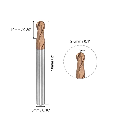 Image of uxcell Ball Nose End Mill 2.5mm Tip Radius Solid Carbide AlTiSin Coated CNC Router Bits 2 Flute Spiral Milling Cutter HRC55 with 5mm Shank 50mm (2-inch) Length