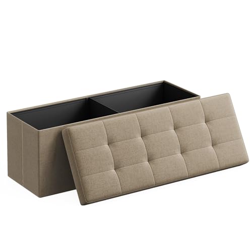 SONGMICS Mazie Collection - Banc de Rangement, Repose-Pieds Pliable de 110 cm, Bout de Lit, Montage Facile, pour Salon, Chambre, Entrée, Marron Camel LSF077R01