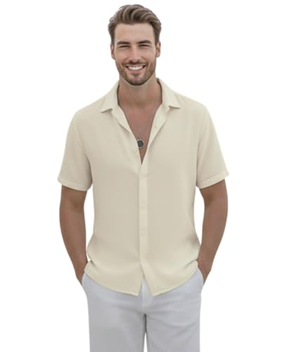 Image of VastraVibes Premium Cotton Linen Shirt for Men | Half Sleeve Slim Fit Casual Shirts | Lightweight Beach Wear & Festive Outfits | Trending Pastel Colors