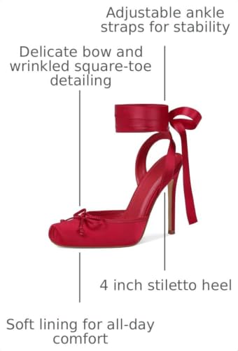 Celbreez Red Ballet Heels for Women Satin Bow Lace Up Ballerina Heels - image 3