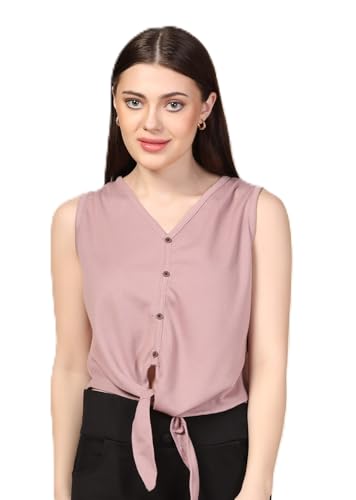 Image of Zilcon Women Waffle Tie Knot Button Down Sleeveless Casual Blouse Curved Hemline Tops S-XL