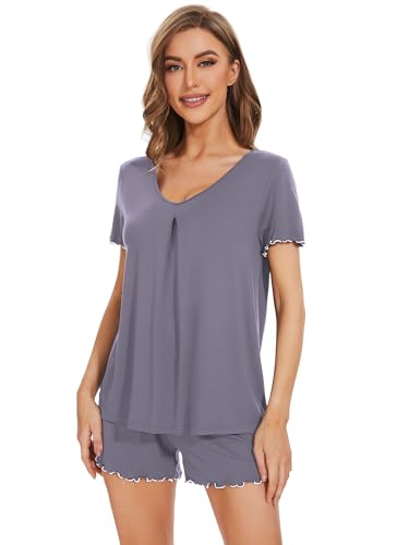 Image of WiWi Womens Pajamas Set Bamboo Viscose Super Soft Short Sleeve Top Ruffle Shorts Sleepwear Cooling Pj Sets S-XXL