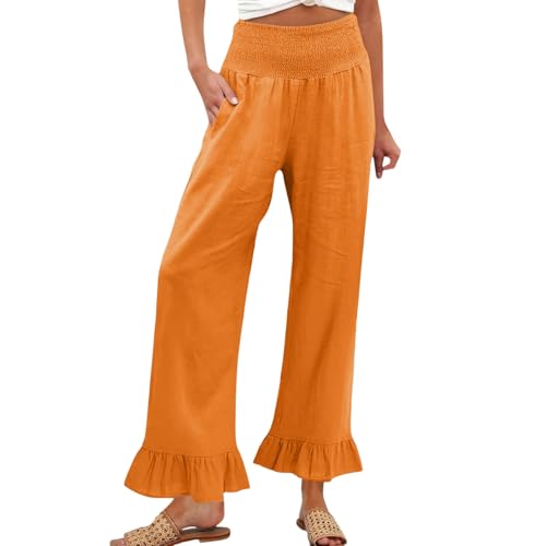 Image of Palazzo Pants for Women Linen Smocked Elastic Waist Ruffle Wide Leg Pants Summer Beach Flowy Boho Pant with Pockets