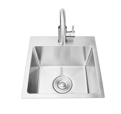 Image of Bull Outdoor Products 15 inch Stainless Steel Sink & Faucet - Under & Over Mount All-in-One Kit - 304 Grade Stainless Steel, Includes Drain, Catch & Water Lines