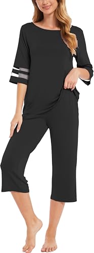 Image of GYS Bamboo Viscose Capri Pajamas for Women Set Cooling 3 /4 Sleeve Pjs | Moisture-Wicking Sleepwear for Night Sweats, OEKO-TEX Certified, Gentle on Sensitive Skin, Soft Sleep Lounge Sets