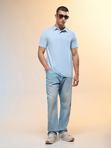 Image of TECHNOSPORT Men's Solid Slim Fit Polo Collar T-Shirt COTFLEX Half Sleeve Button Polyester for Gym Running Workout UPF50+ Anti Odour