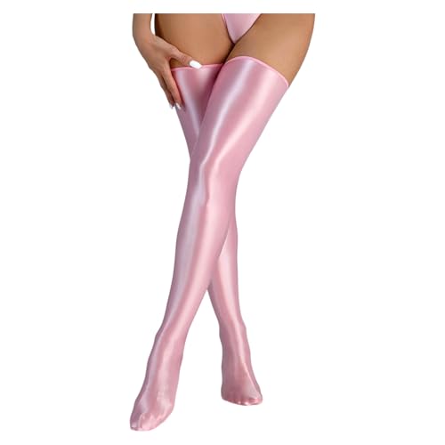 Mens Sissy High Over Knee Glossy Oil Shiny Stocking Femboy Thigh High Stockings for Cross-dressing (US Alpha One Size Regular Regular Pink)