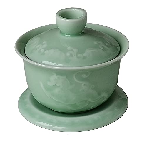 GDLK Gaiwan 200ml Cup Porcelain Teacup Celadon Mythical Beast Chinese Gongfu Tea Set, Green