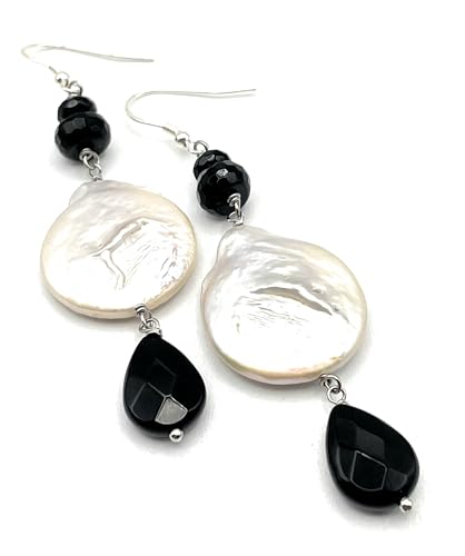 Boucles d'oreilles Perles Baroques et Onyx en Argent 925, l'excellence de l'artisanat italien