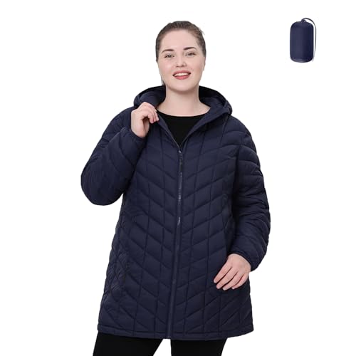 Plus Size Packable Puffer Jacket,Women's 1X-6X Water-Resistant Lightweight Hooded Winter Coat (Exclusively for Plus Size) - Main Image