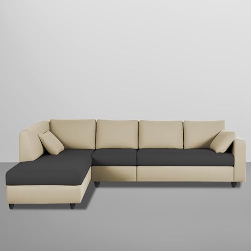 Image of Florian LHS 6 Seater L Shape Sofa Set for Living Room (Cream Black Fabric) Premium Fabric Sofa