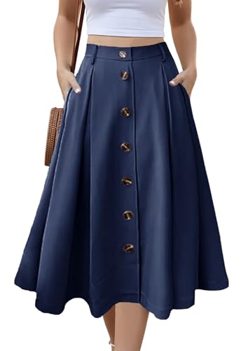 Image of Alaster Queen Women's Long Pleated Skirt Ladies Midi High Elasticated Waist Flowy Pockets Skirt for Women UK, XXL Navy Blue
