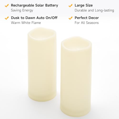 Image of NURADA Large Outdoor Solar Candles Waterproof - 10 inch x 4 inch Rechargeable Solar Powered Flameless LED Pillar Flickering Candle for Patio Porch Lanterns Decor - Ivory Set of 2