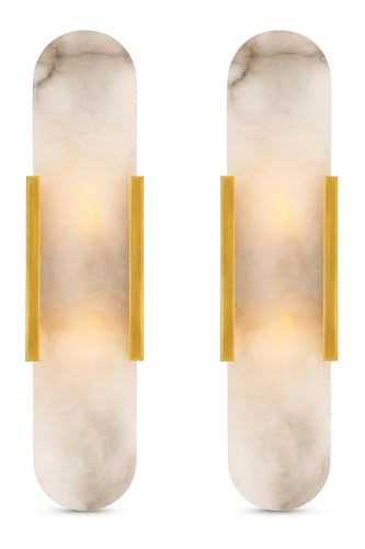 Natural Alabaster Wall Sconce Set of 2 – Modern Marble Wall Lamp for Bedroom, Bathroom Vanity, Living Room, Hallway & Staircase – Stone Alabaster Lamp Lighting Fixture(Gold,50cm)