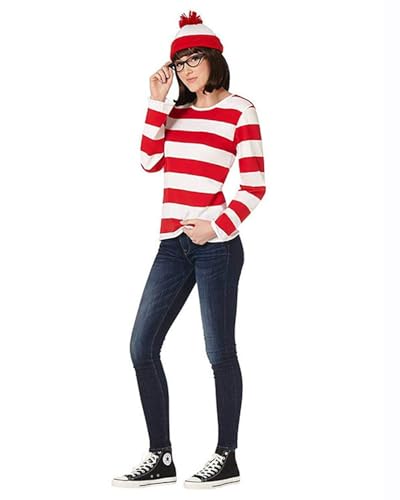 Shukqueen Disfraz de Wally para mujer, conjunto de disfraz de Waldo con camiseta a rayas rojas y blancas, sombrero y gafas para Adlts, disfraz de la semana del Día Mundial del Libro para mujer, talla