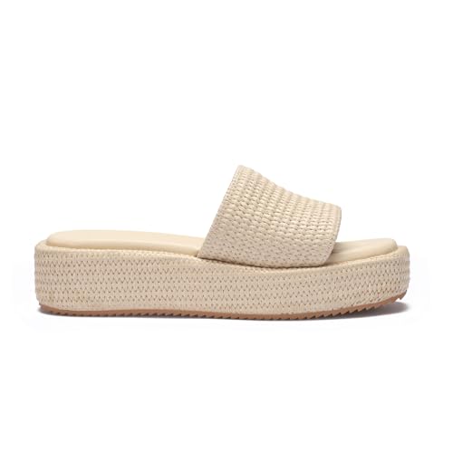 Image of Monrovia Platform Sandals Women Raffia Espadrille Slides, Woven Straw Flatform Beach Sandals Women, Slip On Summer Vacation Shoes, Comfortable Casual Daily Wear
