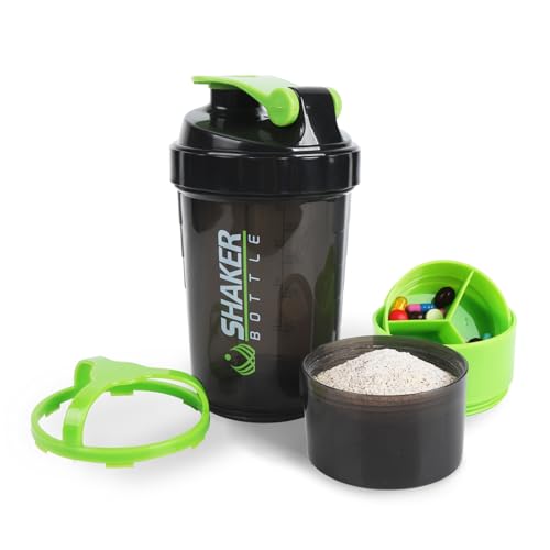 Image of Shaker Bottle,16oz Protein Shaker Bottles with Mixing Ball, 3 in 1 Leak-proof GYM Shake Cup with Powder Storage & Pill Tray, Ideal for Workout,BPA Free(Green)