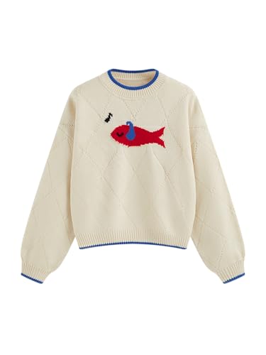 CIDER Knit Round Neckline Fish Graphic Contrasting Binding