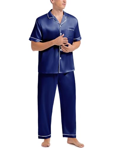 Couples Matching Pajamas Set Silk Satin Short Sleeve Button Down Loungewear with Long Pant3