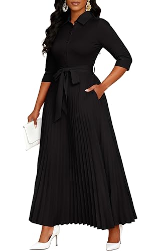 Image of Runwind Maxi Dresses for Women, 3 /4 Sleeve Botton Down Pleated Long Dress with Belt Casual Church Dress with Pockets