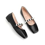 Female Stylish Pearl-Embellished Dress Mary Jane Flat Shoes with Square Toe, Perfect for Work or Office, Low Heel, Easy Slip-on Loafers