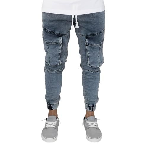 Jeans Pants Trousers Denim Stretch Slim Fit Trendy Washed Blue Sanding Fading Elastic Waistband Ankle for Men
