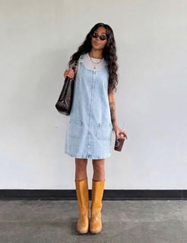 Image of Xaspee Denim Overall Dress for Women Casual Mini Sleeveless Jean Vintage Jumper Skirt Dress with Pockets