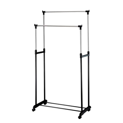 EasySpeed Perchero de Doble Barra para Ropa con Ruedas, Perchero Extensible Resistente y Estable, Organización para Casa, Hogar, Tiendas, Metálico (75x42x155cm)
