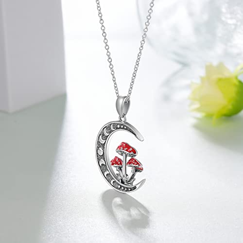 Moon Mushroom Necklace for Women,925 Sterling Silver Magical Red Mushroom Pendant Moon Phase Necklaces,Anniversary Birthday Gifts for Women Mom,18''-20''3