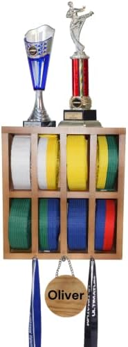UpRise Designs Karate Belt Display Rack Personalized. Taekwondo Belt Display and Martial Arts Belt Display. Unique Karate Belt Holder, Trophy Medal. Light Wood Color