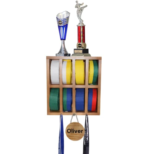 Uprise Designs Karate Belt Display Rack Personalized. Taekwondo Belt Display And Martial Arts Belt Display. Unique Karate Belt Holder, Trophy Medal. Light Wood Color #TOP3