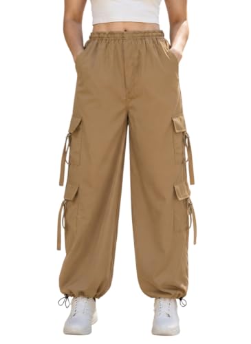Image of SQew Women's High Waist Baggy Cargo Pants | Loose Fit Parachute Utility Trousers with Multiple Pockets | Casual Streetwear Pants