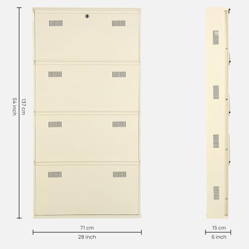 Image of Metal Shoe Rack Wall Mounted for Home with Central Locking | 4 Door 28 inch Wall Mounted Metal 12 Pair Shoe Rack Cabinet | Pre-Assembled Rack Shelves | 3 Year Warranty (Ivory)