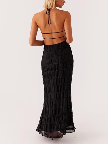 Image of Women Summer Halter Neck Maxi Dress Flowy Ruffle Tiered Sleeveless Sundress Boho Backless Spaghetti Strap Long Dress