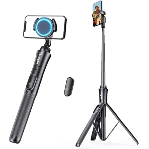 Sensyne 62'' Magstick Selfie Stick Tripod, All-in-One Phone Tripod with Magnetic Phone Holder and Detachable Wireless Remote, Compatible with MagSafe, All Cell Phones Cover