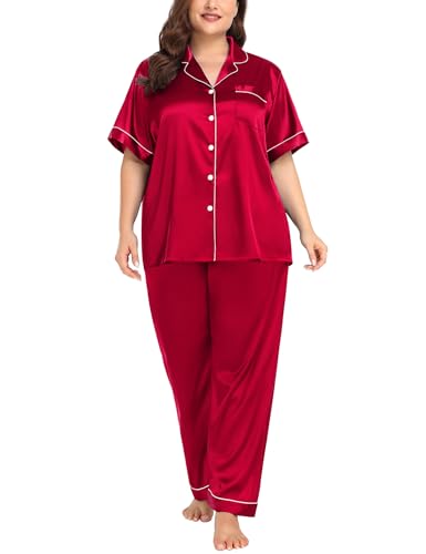 Image of SWOMOG Women's Plus Size Pajamas Silk Satin Pajama Set Short Sleeve Shirt with Full-Length Pants Pjs Sleepwear Set 18W-26W