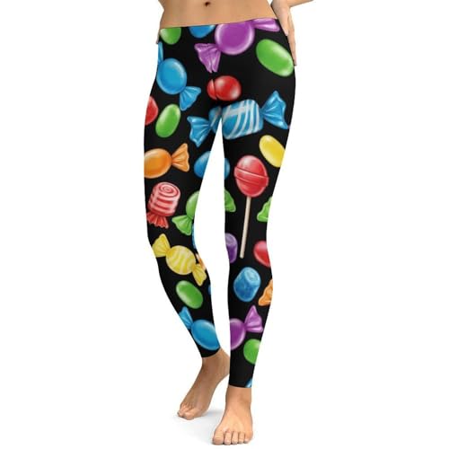 Huryilo Colorful Lollipop Candies Leggings Black Workout Leggings for Women Tummy Control S