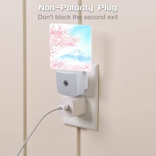 Image of Cherry Blossoms with Mountain Fuji Night Light Plug into Wall, Watercolor Pink Flowers Dusk to Dawn Night Light,0.5w Energy Saving Sleep Friendly Nightlights for Kids Boys Girls Home