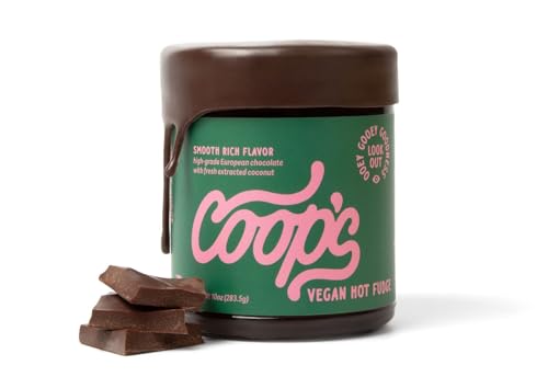 Coop's Vegan Hot Fudge Sauce 10.6 OZ - Gluten Free Vegan, Kosher, Non GMO, Gourmet, All Natural, Plant Based Dairy Free Whipped Topping for ICecream, Sundae, Panckaes, Milshake and more
