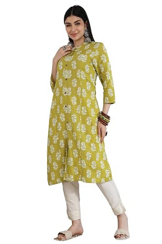 Image of MIRCHI FASHION Women's A-Line Cotton Kantha Work Floral Block Printed Kurti Only (K10385 - Light Mehandi Green,Off White - S)