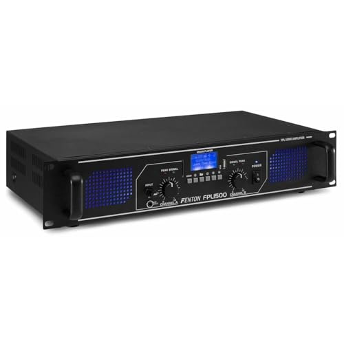 Fenton FPL1500 Bluetooth Digital DJ Amplifier - 2 Channel Class D Power Amp, Wireless Audio Streaming, USB/SD MP3 Player, Remote Control, 2U 19 Inch Rack Mount, LED Display, 3000W Output