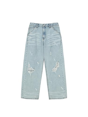 London PARFUMS Archive Hard Damage Washed Curved Jeans, Light Blue, Low-Rise Vintage Denim with Distressed Details