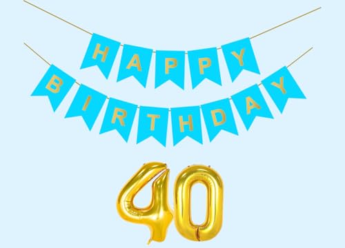 Image of 40th Sky Blue Happy Birthday Decoration Kit for 40 year Old Boys Girls Men Women with Number Forty Party Decorations Decor Celebration Items Item Set Combo Reusable Paper Banner