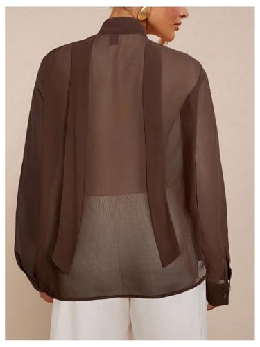 SHENHE Women's Cowl Neck Blouse Long Sleeve Draped Sexy Dressy Sheer Blouse Top with Scarf