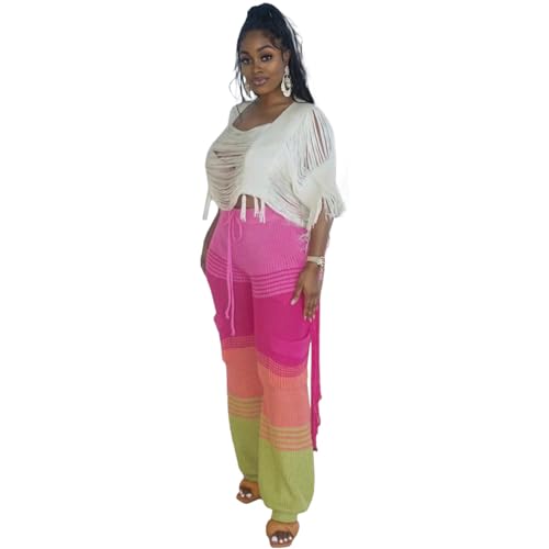 Womens Fashion High Waist Knitted Crochet Hollow Hit Color Tassel Pants Trousers Pink4