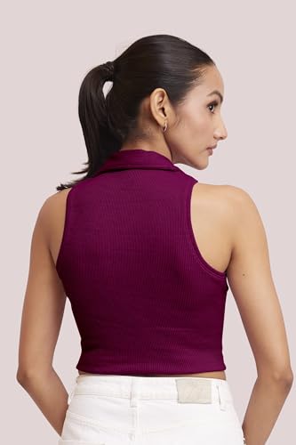 Image of BERRY BIRD Stylish Sleeveless V-Neck Slim Fit Collar Ribbed Knit Tank Crop Tops for Women & Girls Beach and Gym Wear and Western Trendy Fashion
