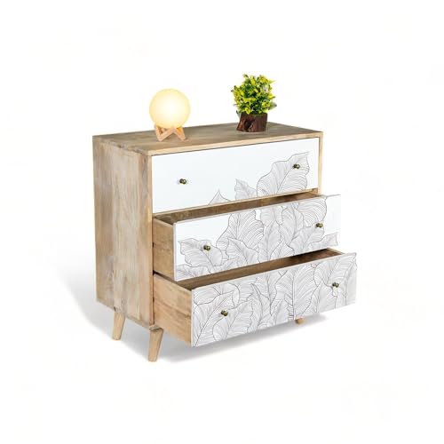 Image of Solid Wood Ranthambore Chest of Drawer | Dresser with 3 Drawers | Wooden Chest of Darwers | Chest of Drawers with Storage | Finish- Natural and White