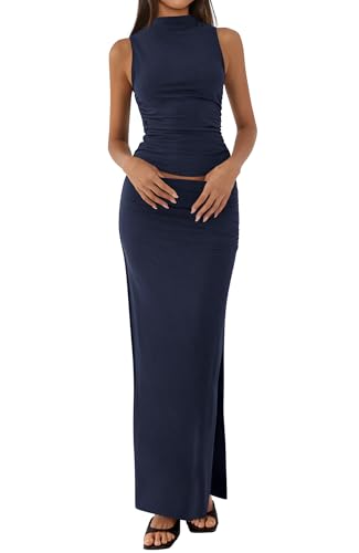 BTFBM Summer Two Piece Skirt Set for Women 2025 Dressy Lightweight Sleeveless Knit Top Going Out Split Maxi Skirt Set