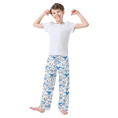 Bird Spring Floral Boys Long Pants Soft Trousers Elastic Waist Kids Lounge Bottoms with Pockets S-XL2